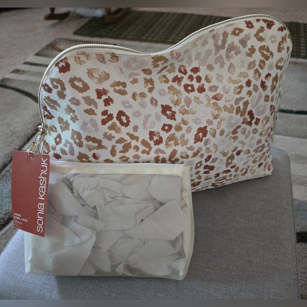 Sonia Kashuk Cream and Brown Animal Print Cosmetic Bags NWT